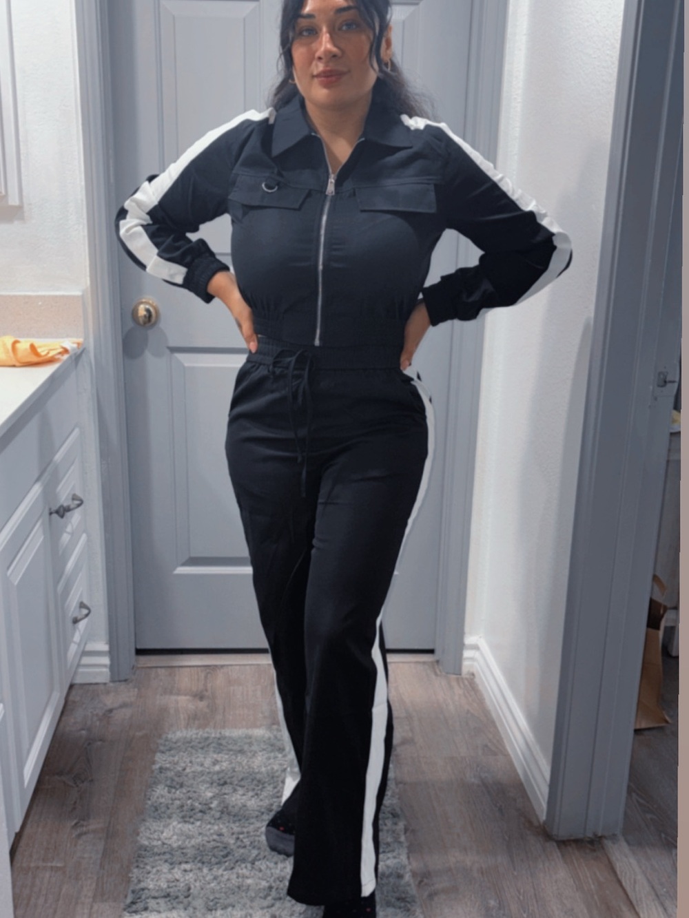 Womens Black Zip Front Jumpsuit with White Side Stripes
